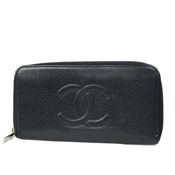 CHANEL CC Logo Long Zip Around Wallet Purse Caviar Skin Leather Black 70RK274 - Picture 1 of 14